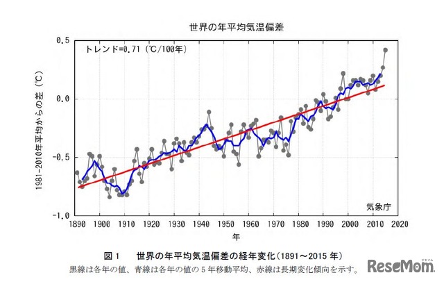 世界の年平均気温偏差の経年変化（1891～2015 年）