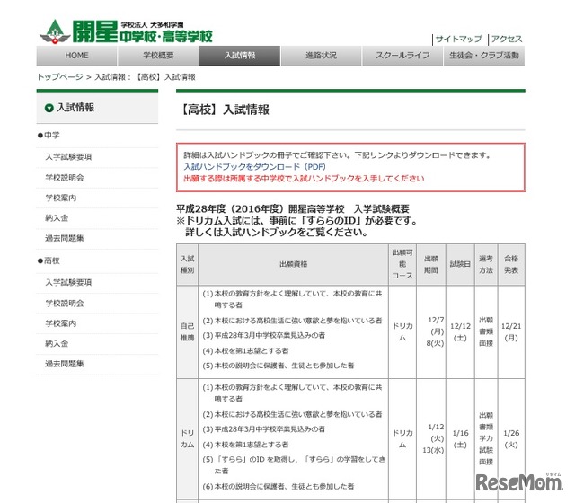 開星高校：入試情報（2016年度入試のもの）