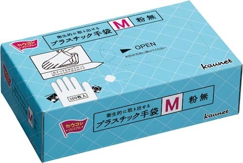 「衛生的に取り出せるプラスチック手袋 粉無」（M）のパッケージ＿1箱100枚入