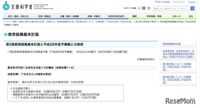 第2期教育振興基本計画と平成28年度予算額との関係