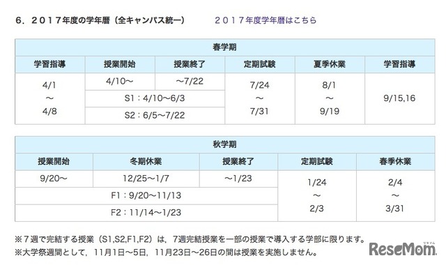 平成29年度の学年暦