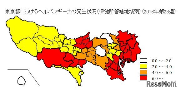 東京都の保健所管轄地域別ヘルパンギーナ発生状況（2016年第28週）