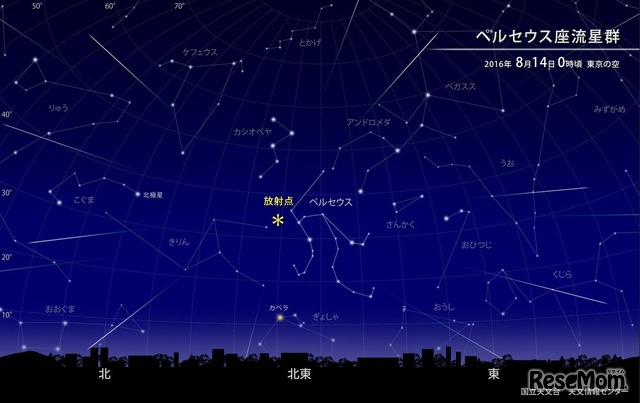 ペルセウス座流星群2016年8月14日0時頃の東京の空のシミュレーション　(c) 国立天文台天文情報センター