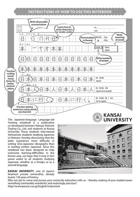 日本語練習ノートの使い方と関西大学留学生別科を説明している裏表紙内側