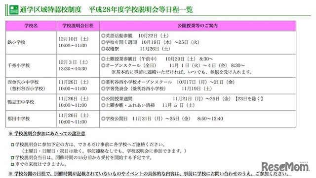 通学区域特認校の学校説明会等日程一覧