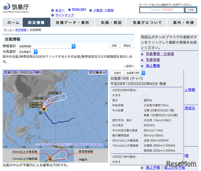 台風第18号（気象庁10月3日20時45分発表）