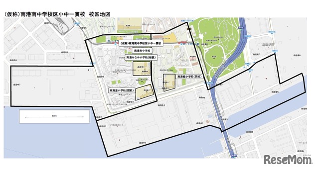 （仮称）南港南中学校区小中一貫校　校区地図