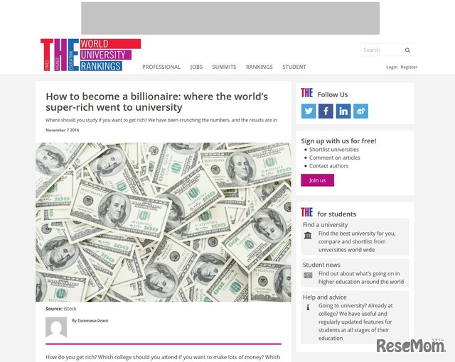 Times Higher Education：How to become a billionaire: where the world’s super-rich went to university