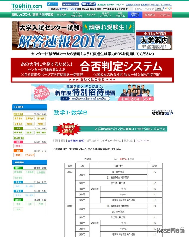 数学IIB　全体概観速報　東進　センター試験2017　解答速報2017