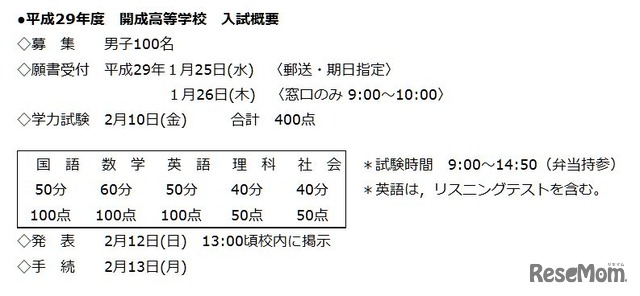 開成高等学校　平成29年度（2017年度）入試概要