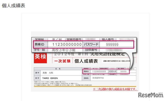 英検IDの記載場所（個人成績表）