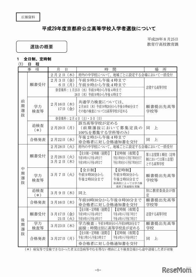 京都府　平成29年度公立高等学校入学者選抜に関する日程