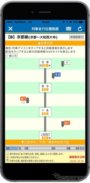 「近鉄アプリ」上で、駅間や駅で列車の位置を確認できる。なお、現行バージョンで列車走行位置サービスを利用するにはバージョンアップが必要。