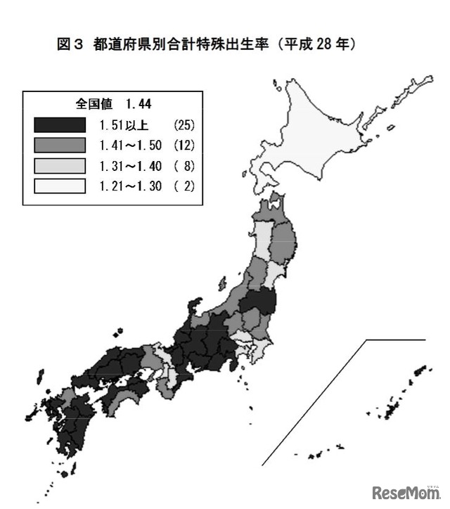 都道府県別合計特殊出生率（平成28年）