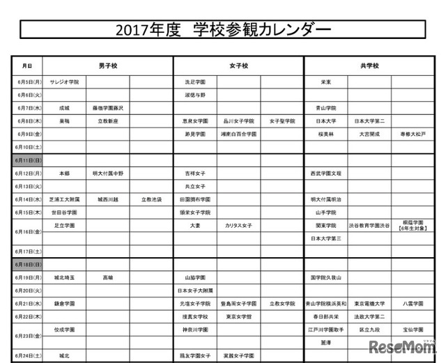 四谷大塚　学校参観カレンダー（1/2）
