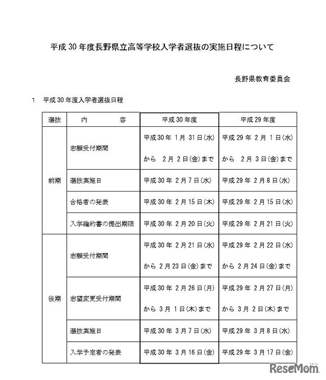 平成30年度長野県立高等学校入学者選抜の実施日程