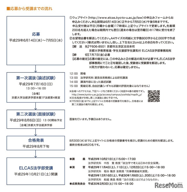 京都大学ELCAS法学部　応募から受講までの流れ