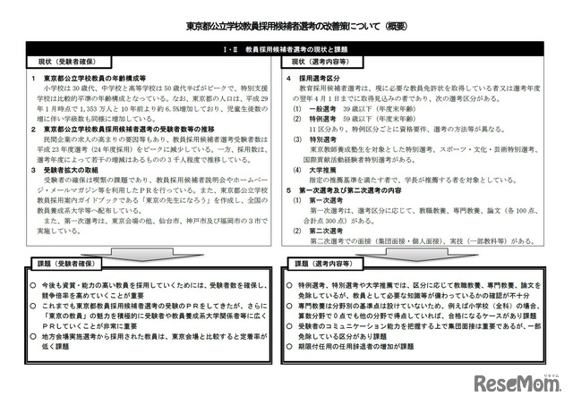 東京都公立学校教員採用候補者選考の改善策について　概要（1/2）