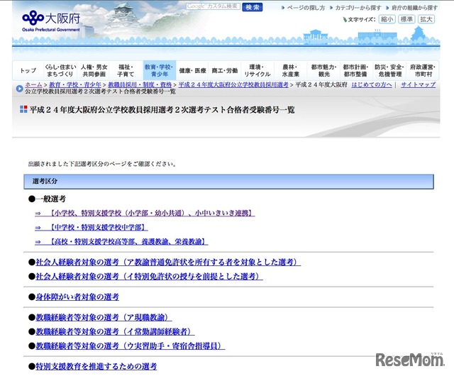 平成24年度大阪府公立学校教員採用選考2次選考テスト合格者受験番号一覧