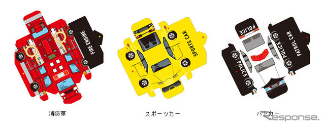 ペーパークラフトのデザイン (全6種類) (救急車、消防車、スポーツカー、ミニバン、パトカー、オープンカー)