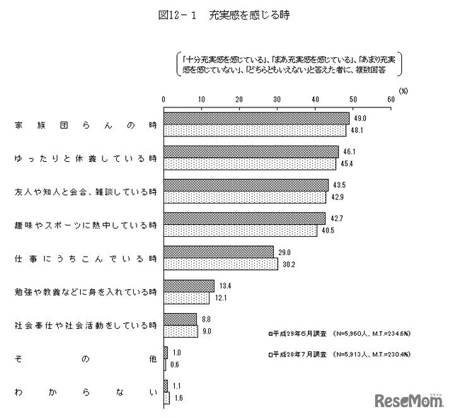 充実感を感じる時　画像：平成29年度の国民生活に関する世論調査の結果