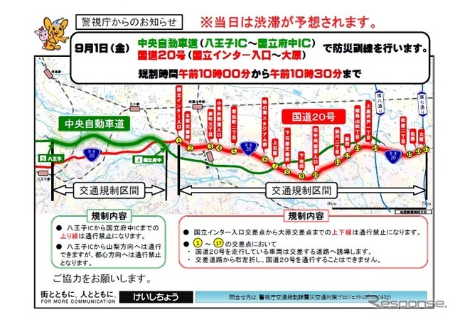 首都直下地震を想定した大規模防災訓練で交通規制を実施