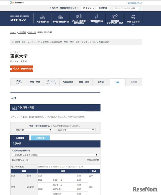 例：東京大学理科三類の入試情報