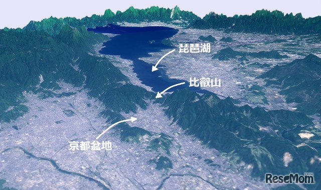 「最澄」×「天台宗」→「比叡山延暦寺」！京都盆地との位置関係を確認しよう　画像出典：地理院地図3D「立体地図」