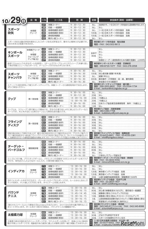 東京みんなのスポーツ塾のスケジュール（10月29日）