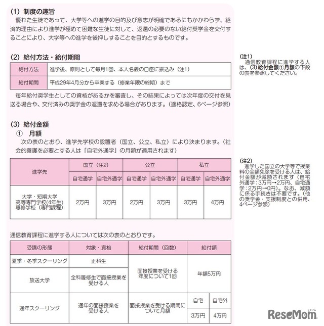 給付奨学金の概要　画像：平成29年度進学者（先行実施分）「給付奨学金を希望する皆さんへ」