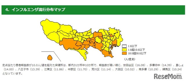 東京都のインフルエンザ流行分布マップ