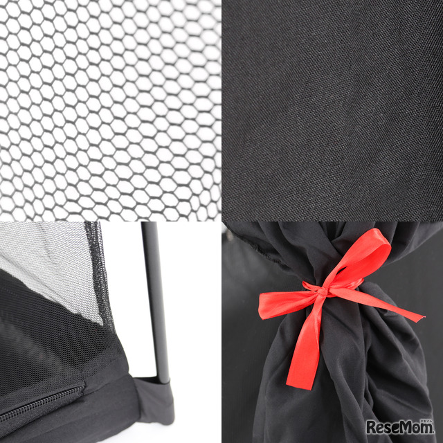 「闇かわブラック」生地仕様イメージ　カーテンを束ねるタッセルには赤いリボンを使用
