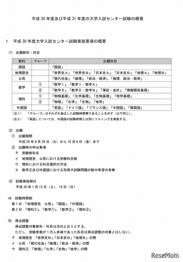 平成30年度（2018年度）大学入学者選抜大学入試センター試験の概要（全体スケジュールや教科・科目などについて）