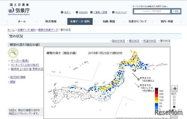 気象庁「積雪の深さ」（2018年1月23日15時現在）