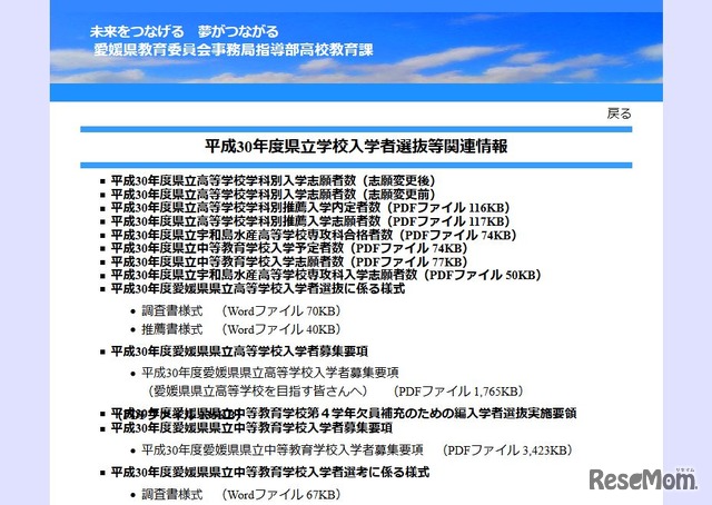 平成30年度県立学校入学者選抜関連情報