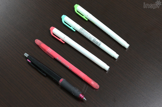 みいこさんの使用ペン／左から、PILOTのシャーペン、三菱鉛筆「ピュアカラーF」、ZEBRA「マイルドライナー」