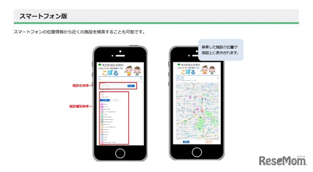 とうきょう子供・子育て施設ポータル「こぽる」の特徴（スマートフォン版）