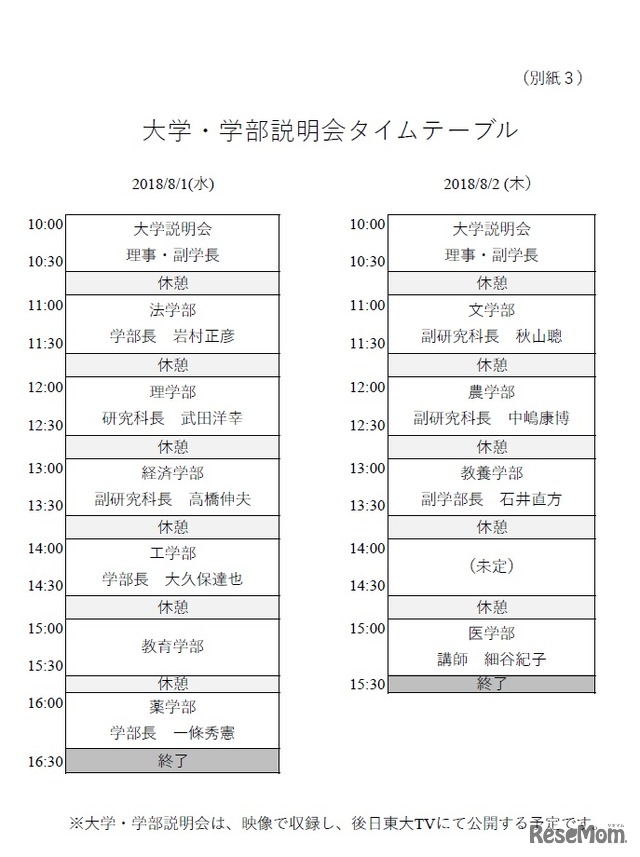 大学・学部説明会タイムテーブル