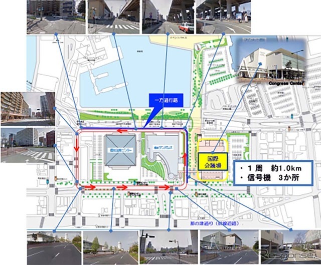 試乗コースは福岡国際会議場隣にあるサンパレスの周囲1kmで、信号は3カ所ある。