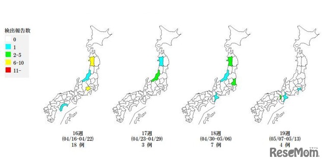 都道府県別ノロウイルス検出報告状況（2018年4月16日～5月13日）