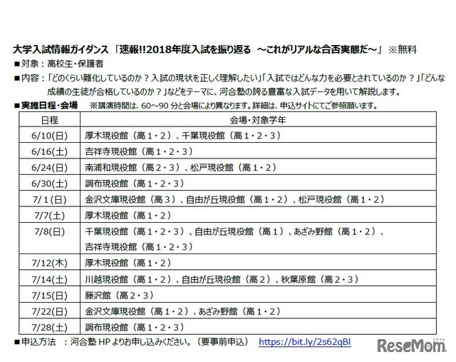 河合塾　大学入試情報ガイダンス 「速報!!2018年度入試を振り返る～これがリアルな合否実態だ～」実施日程・会場