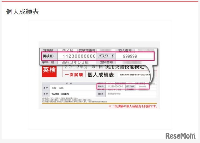 英検IDの記載場所（個人成績表）