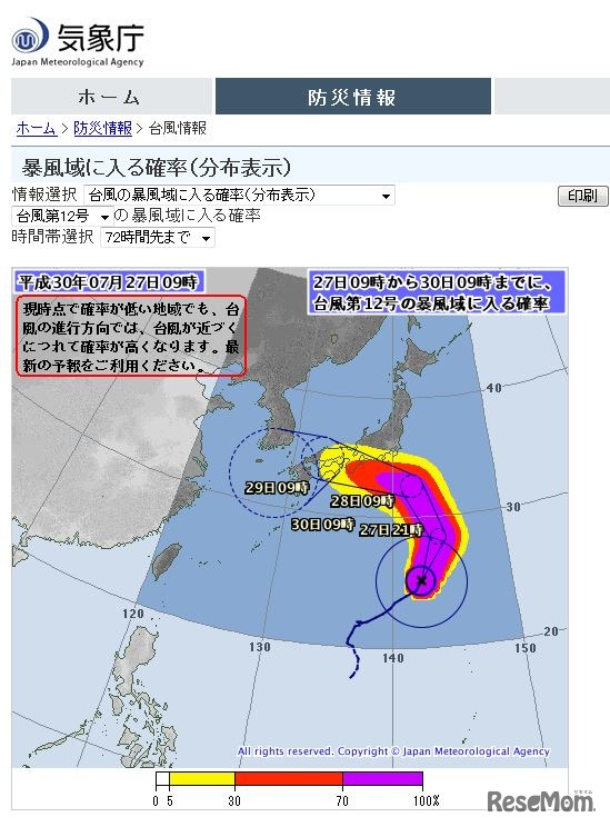 台風の暴風域に入る確率