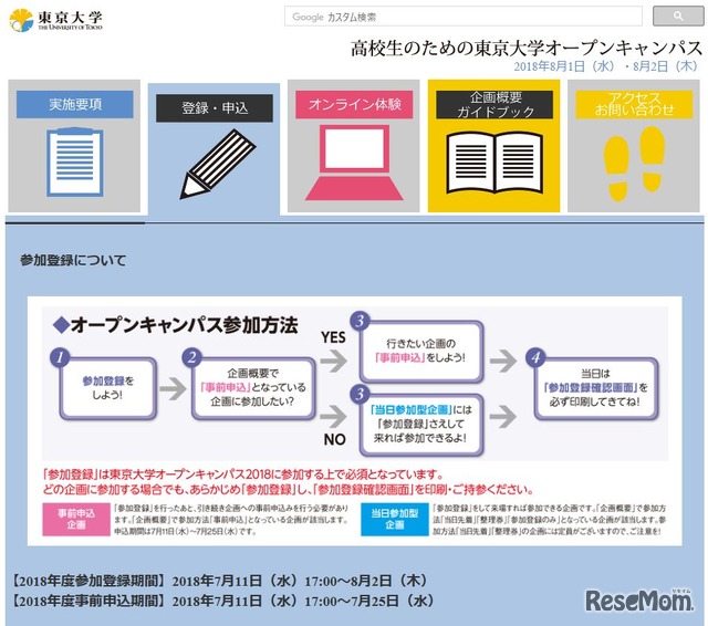 東京大学オープンキャンパス2018の参加登録について