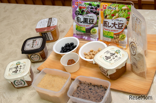 今回使用した材料と、フジッコ・ヤマト醤油味噌の大豆商品
