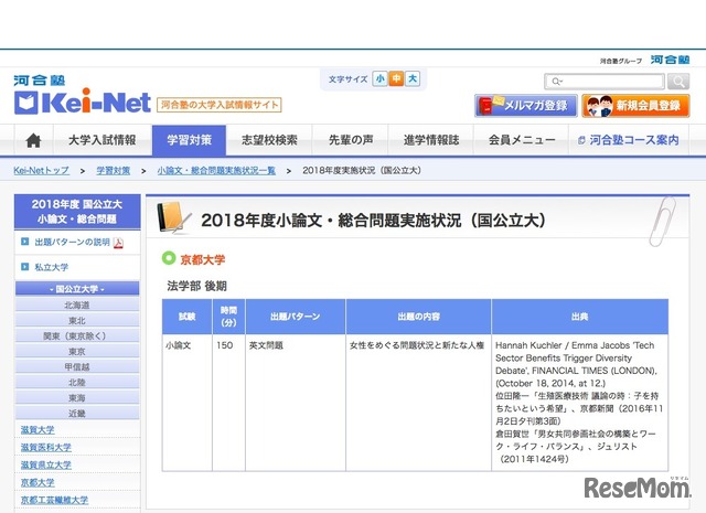 Kei-Netの「2018年度小論文・総合問題実施状況（国公立大）」京都大学