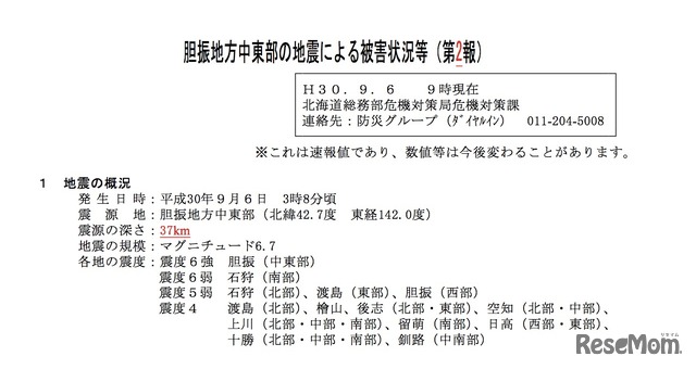 胆振地方中東部の地震による被害状況等（第2報）