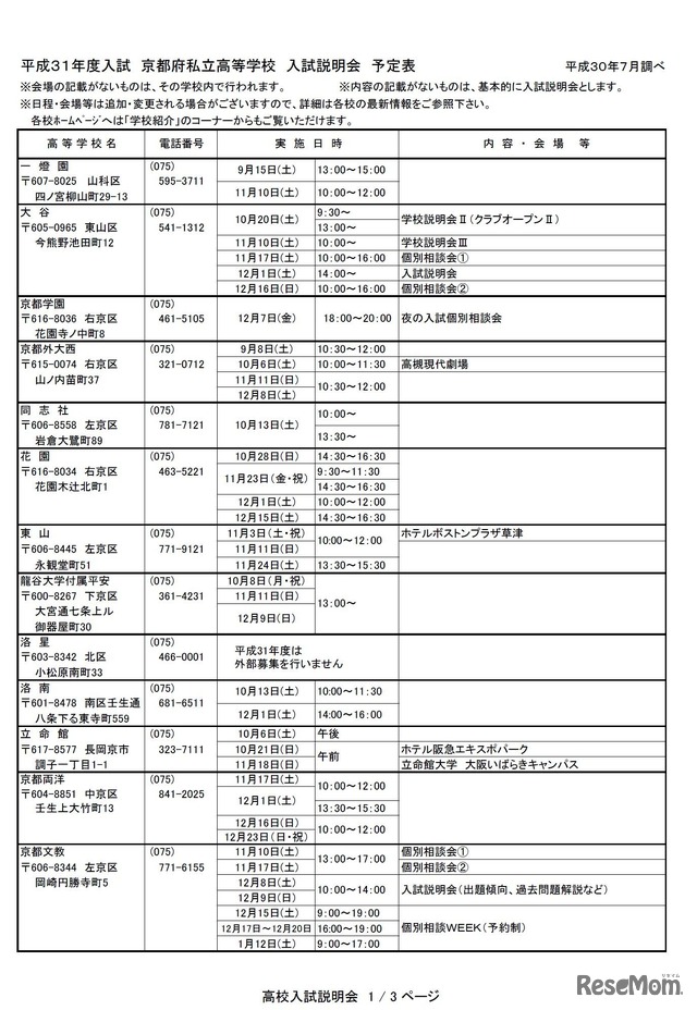 2019年度（平成31年度入試）京都府私立高等学校 入試説明会 予定表（1）