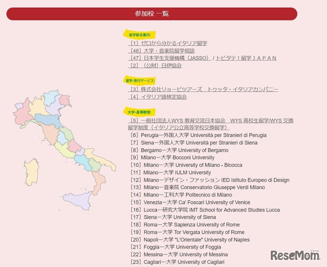 イタリア留学フェア2018参加校一覧