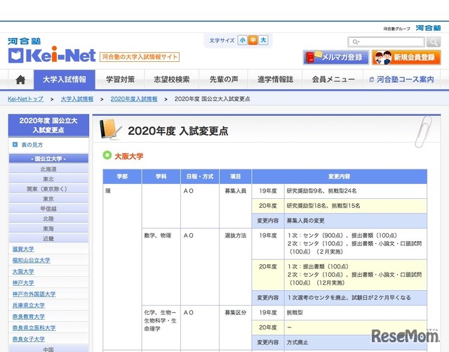 2020年度国公立大入試変更点（大阪大学・一部）
